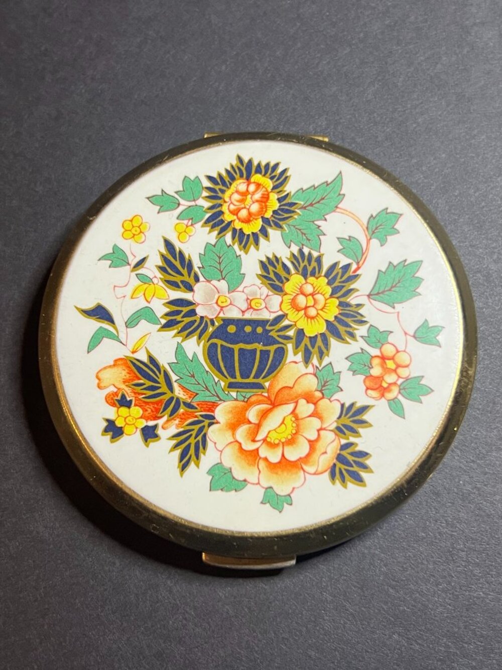 Vintage MCM Collectible Stratton Round Gold Tone Floral Print Compact Pill Box